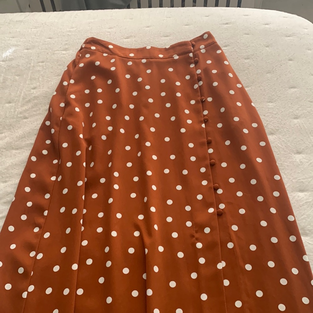 Adorable burnt orange and white polka dot maxi skirt